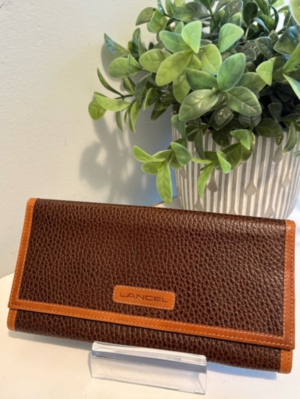 Lancel Paris Pebbled Leather Vintage Flap Bi-fold Long Wallet, Brown